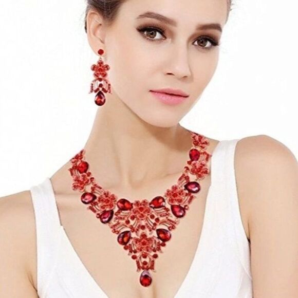 Yellow Gold and Ruby Red Austrian Crystal Floral Necklace and Earrings Set - Picture 5 of 6